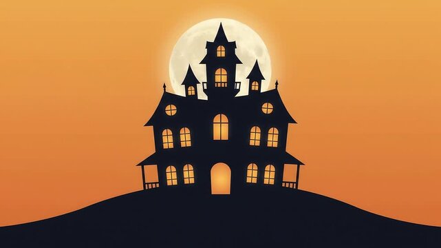 Gothic Haunted House Silhouette Under Full Moon on Hilltop