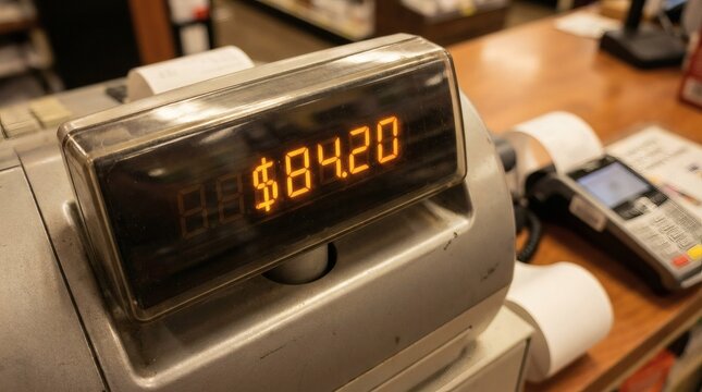Close-up of vintage cash register digital display showing $84.20 transaction total at retail checkout.