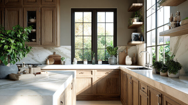 Modern Scandinavian kitchen interior design with wooden cabinets, marble countertop, and big window