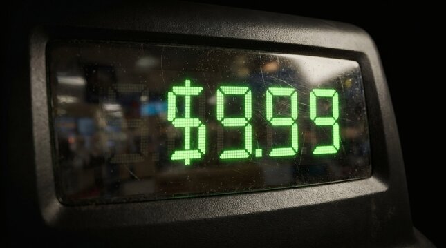 Close-up of Green Digital LED Price Display Showing $9.99 on Scratched Screen