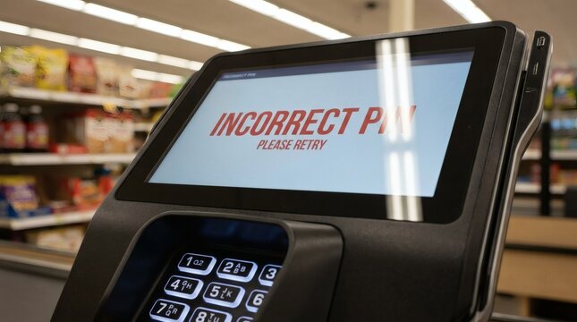 Payment Terminal Screen Displays Incorrect PIN Error at Self-Checkout in Supermarket