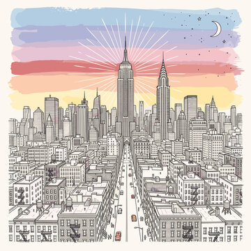 Hand-Drawn New York City Skyline With Empire State and Chrysler Buildings