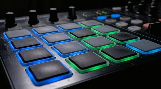 Digital music MIDI controller with illuminated pads for DJing and music production.