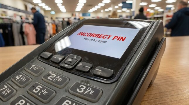 Credit Card Payment Terminal Screen Showing "Incorrect PIN" Error Message in a Retail Store Background