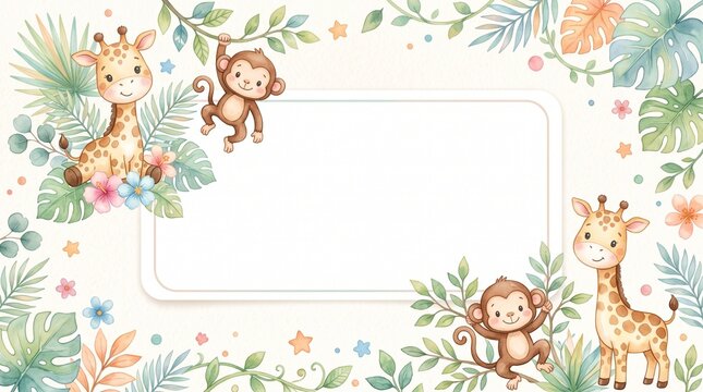 083 83 Cute nursery background frame empty white recta Baby giraffe nu