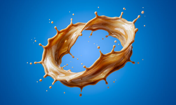 Dynamic splash of liquid coffee and milk forming a circular wave with Clipping PATH