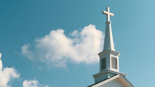 White Church Steeple with Cross Against Blue Sky and Clouds