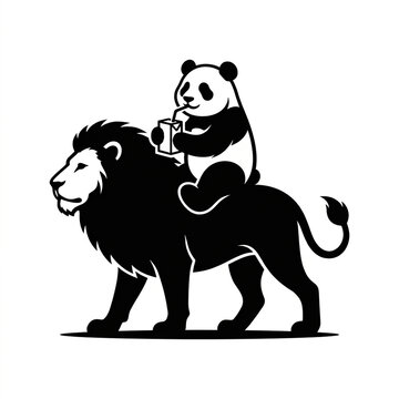 Black and white vector illustration of a panda riding a lion while drinking juice.