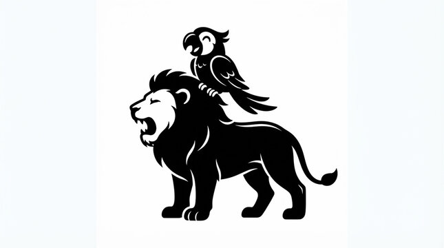 Black and white silhouette of a lion with a parrot perched on its back