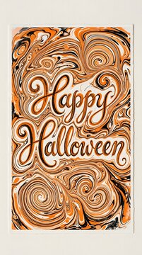 Happy halloween suminagashi marbling pattern featuring orange and black ink swirls in sharp focus for seasonal retail marketing