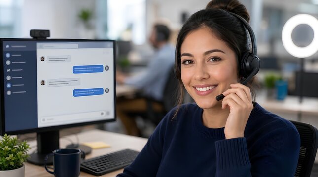 Smiling female customer support agent in navy sweater adjusting headset microphone at computer desk in bright office