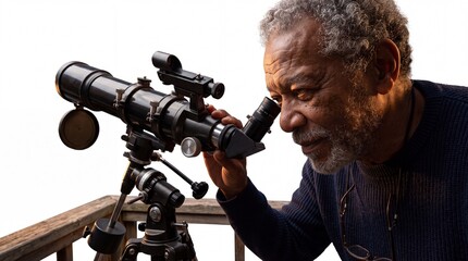 Obraz premium Senior Grandfather Exploring Night Sky With Telescope On Balcony