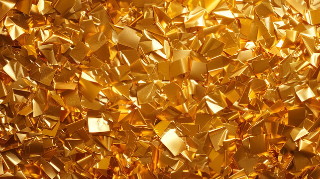Abstract luxurious gold foil background with scattered metallic geometric pieces, creating a rich shimmering texture with bright reflections and elegant golden tones