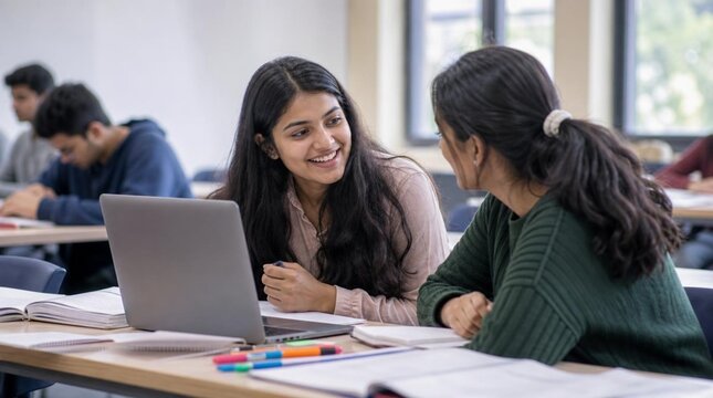 A smiling young Indian female student with long dark hair sits at a classroom desk, leaning toward her classmate to discuss a project on a laptop during a university lecture or study session.
