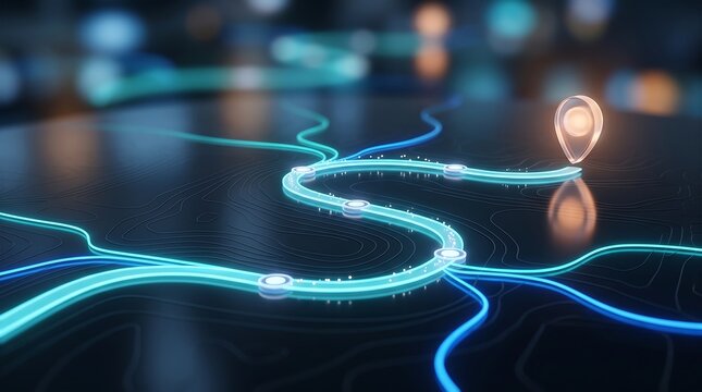 Glowing digital data path with destination map pin icon on dark abstract surface representing logistics supply chain management and route optimization technology in modern business