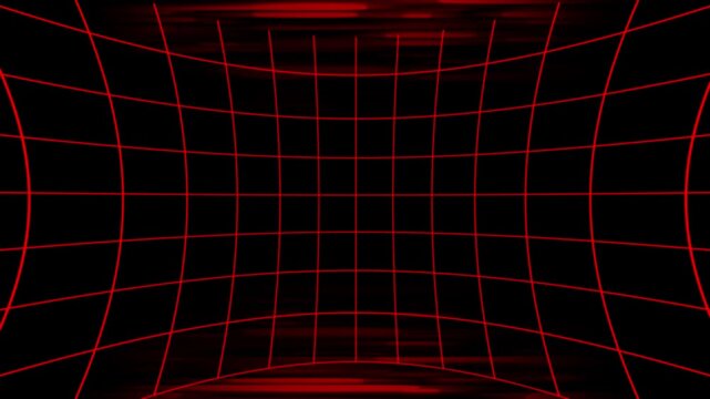 Red wireframe grid tunnel loop background, cyber digital neon motion