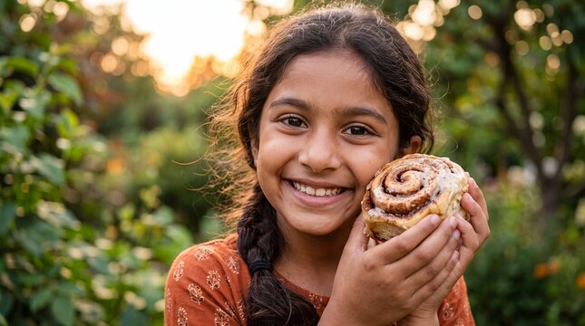 Happy Indian Girl Eating Fresh Cinnamon Roll Outdoors