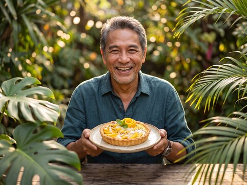Senior man enjoying delicious mango sticky rice pie outdoors