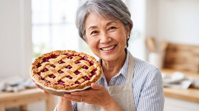 Senior East Asian Woman Holding Fresh Cherry Lattice Pie
