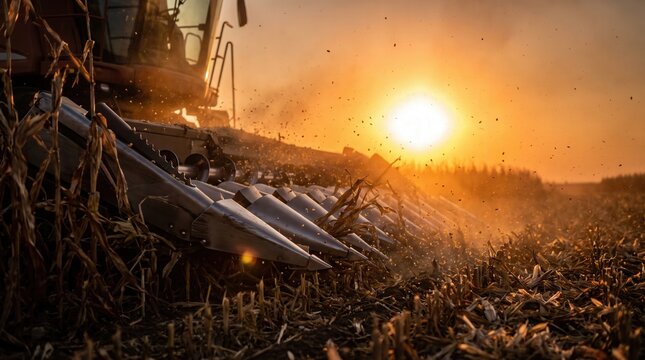 Close up of a combine harvester head gathering corn stalks at sunset with golden hour light, capturing agricultural productivity and seasonal harvest for agribusiness marketing and farming industry.