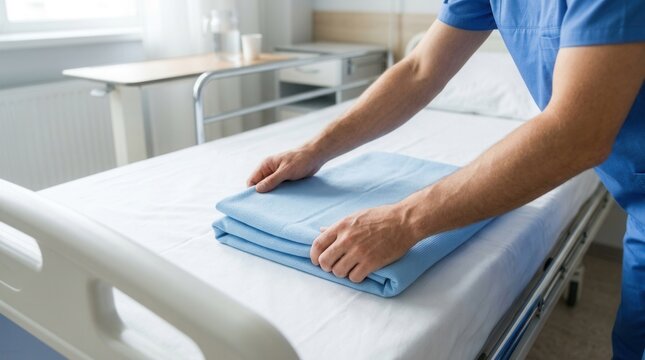 Healthcare worker in blue uniform neatly folding a blue blanket on an empty hospital bed, preparing the room for a new patient. Cleanliness and care concept.
