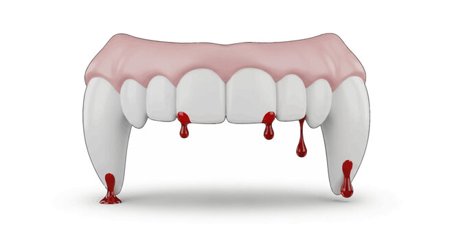 Vampire teeth with dripping blood isolated on a white background.