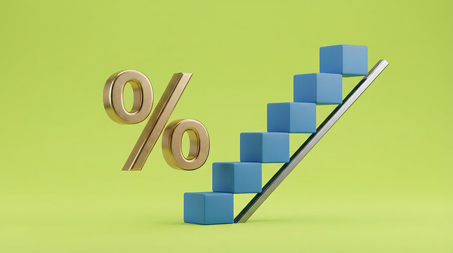 A 3D financial concept featuring a large golden percentage symbol standing next to a staircase made of blue cubes, representing growth and interest rates on a solid light green background