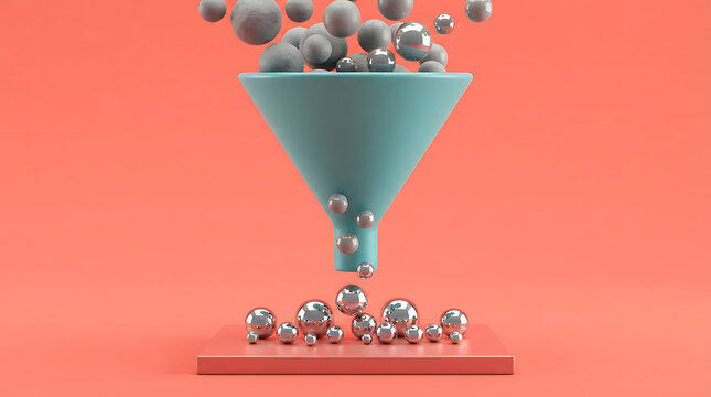 A 3D of a teal funnel on a pink surface with numerous metallic spheres falling through it, representing data processing, filtering, or lead generation concepts in a minimalist style