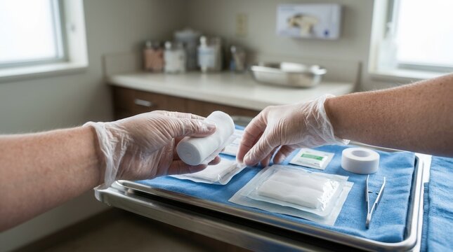 Healthcare professional wearing gloves preparing medical supplies on a tray for wound care or examination