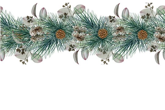 Winter pine and cotton boll holiday garland border with christmas