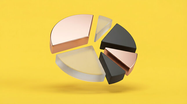 A 3D rendered circular pie chart with floating segments made of rose gold, frosted glass, and dark grey arranged in a scattered layout against a solid yellow background, for data analysis