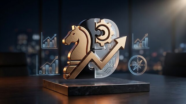 Strategic business growth icon with golden chess knight and gear, financial success arrow, corporate planning concept