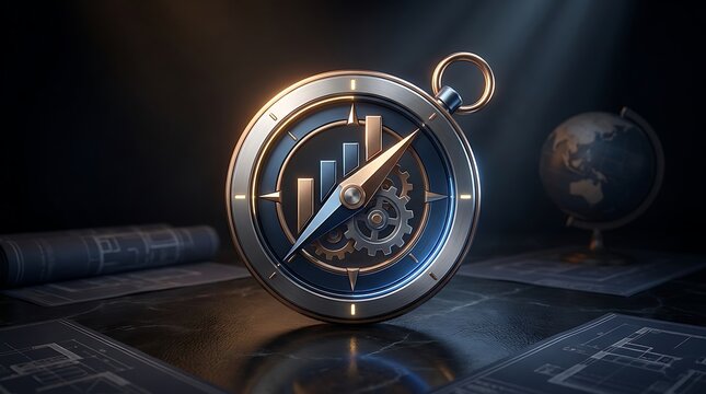 Metallic business compass with growth bar chart. Financial navigation concept with gears and globe. Strategic planning and market direction.