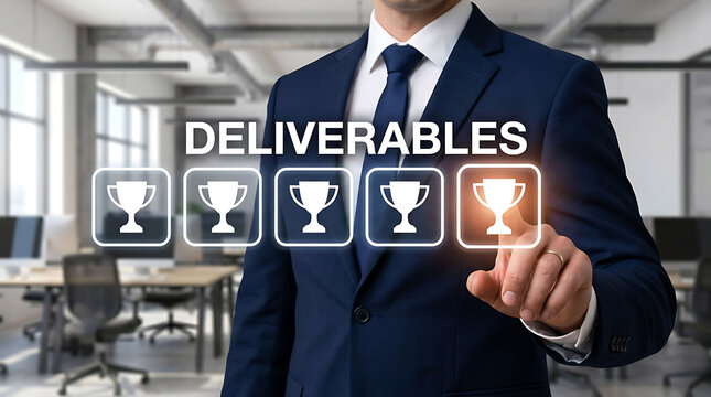 Businessman in a dark blue suit touching digital screen interface deliverables