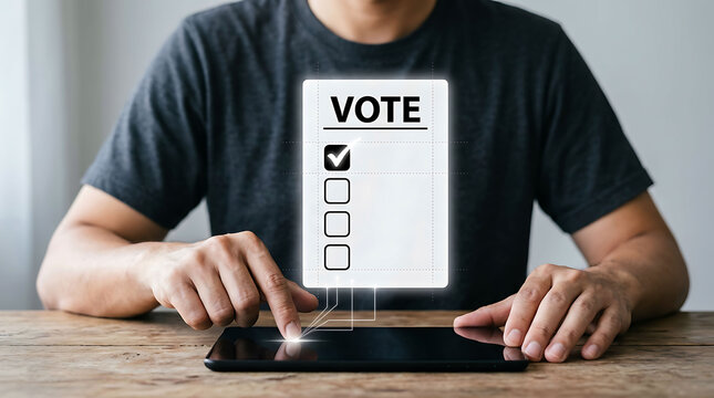 Man casting digital vote on a tablet screen, electronic voting concept photo