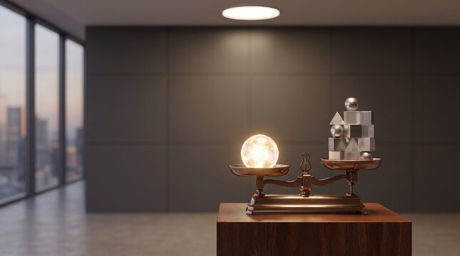 A glowing light bulb on a balance scale weighing against various geometric shapes in an office
