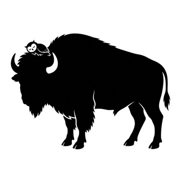Black silhouette of a bison with a small owl resting on its head isolated on white background.