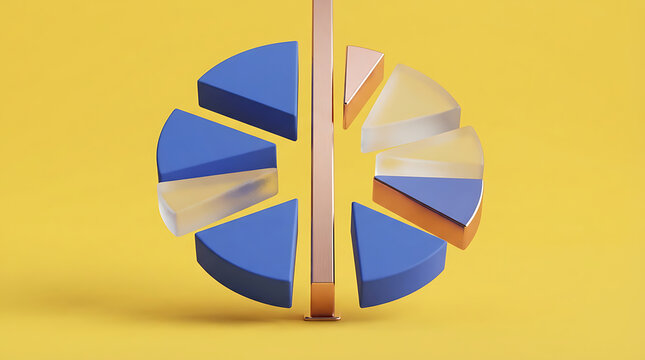 A 3D rendered split pie chart featuring blue, frosted glass, and rose gold segments mounted on a central metallic pole, set against a solid yellow background, for financial data, presentation purposes