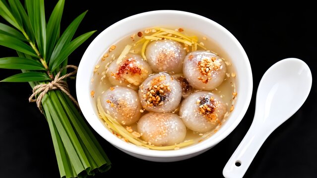 Ch&egrave; bột lọc heo quay , Vietnamese traditional food, a bowl of small translucent rice dumplings , served in a light syrup, topped with crushed peanuts, sesame seeds