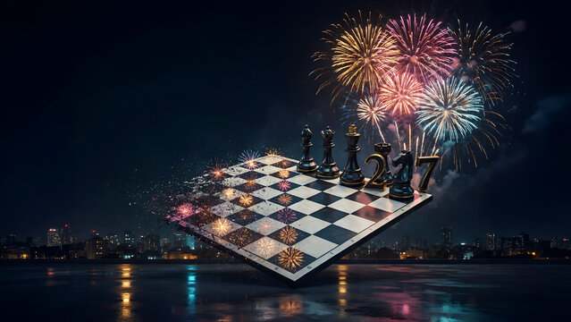 Chess board with 2017 numbers and pieces exploding into fireworks during a city night celebration
