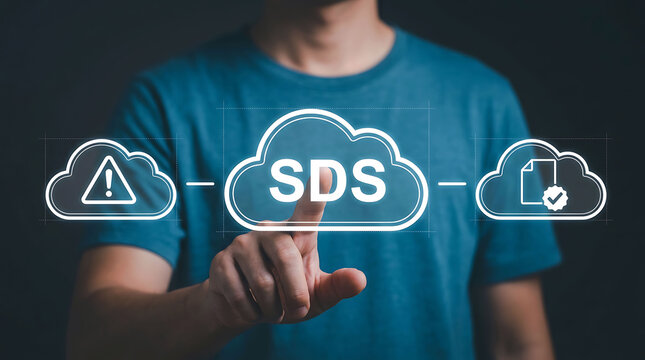 Man touching digital cloud with SDS text for safety data sheet management