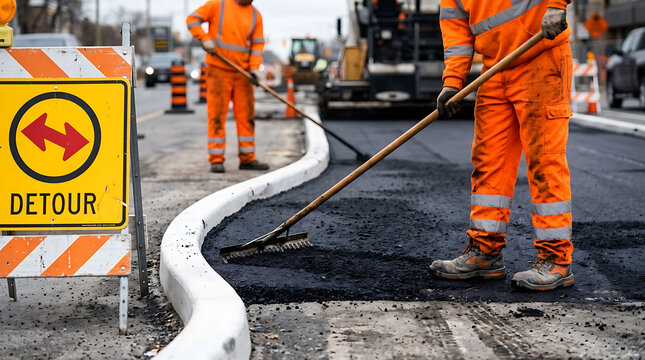 Road construction workers paving asphalt on a city street with detour sign