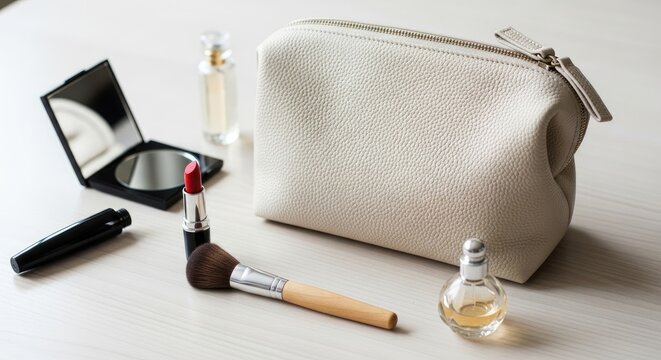 A light beige cosmetic bag sits on a white wooden table. Inside the bag are a lipstick, a makeup brush, a compact mirror, and a small bottle of perfume.