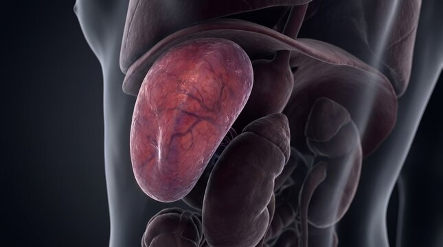 Detailed 3D medical visualization of the human spleen within the abdominal cavity, showing surrounding internal organs and vascular structures, ideal for anatomy education, hematology, abdominal medic