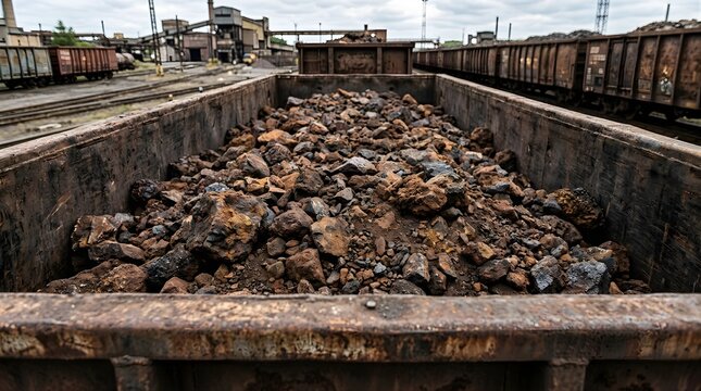Rusty iron ore cargo in a freight train wagon at an industrial plant