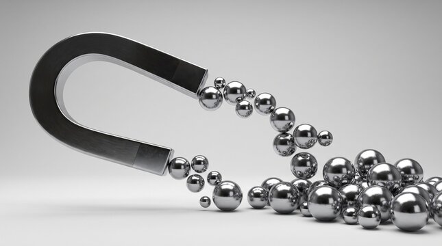 Horseshoe Magnet Attracting Silver Metal Balls Physics Experiment Concept