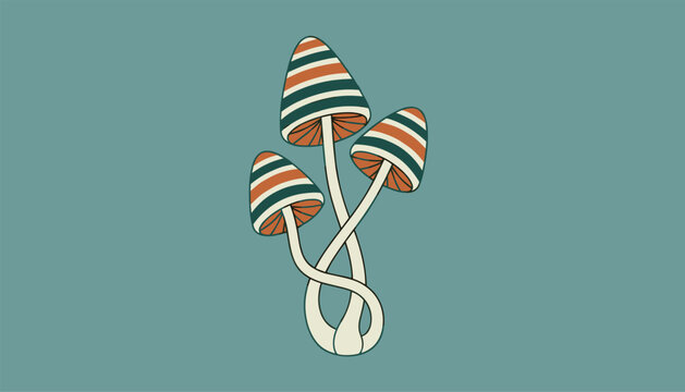 Groovy retro style drawing of three distinct mushrooms with orange and green striped caps over a blue background.