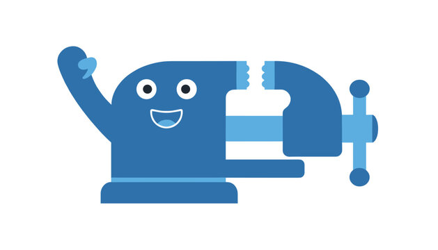 Cheerful blue bench vice clamp character smiling and waving its mechanical arm on a clean white background.
