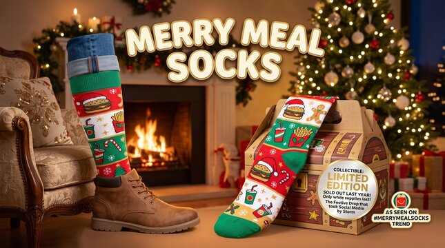 Festive Christmas scene featuring patterned socks with fast food icons in a cozy living room.