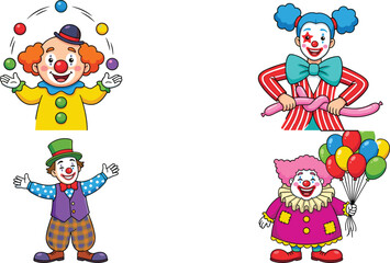 Fototapeta premium Cute Cartoon Circus Clown Vector Character Set Featuring Performers Juggling Balls Twisting Balloon Animals and Holding Colorful Balloons